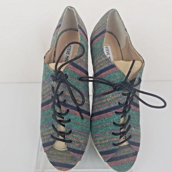 Steve Madden Wedge Shoes 9.5M Canvas Lace-up Espadrille Green Stripes Peep Toe - Picture 3 of 6